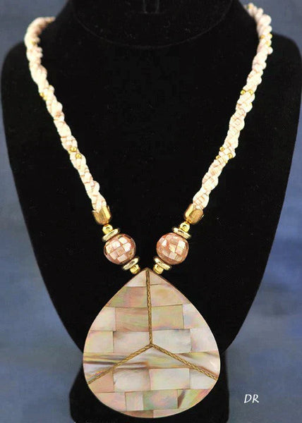 Mother of Pearl and Abalone Shell Necklace w/ Large Teardrop Pendant