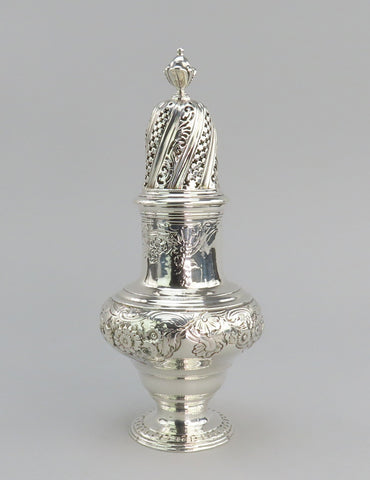 1744 English George II Large Sterling Silver Caster Shaker Hand Chased 7.75"