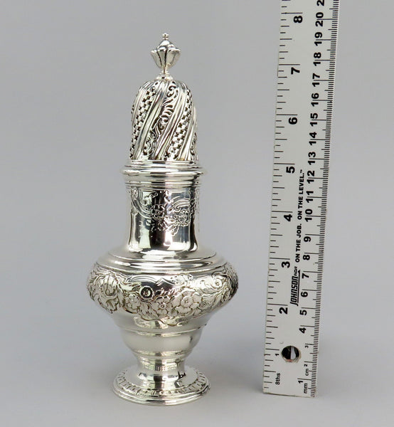 1744 English George II Large Sterling Silver Caster Shaker Hand Chased 7.75"