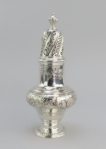 1744 English George II Large Sterling Silver Caster Shaker Hand Chased 7.75"