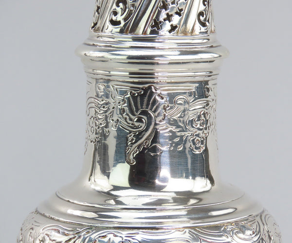 1744 English George II Large Sterling Silver Caster Shaker Hand Chased 7.75"