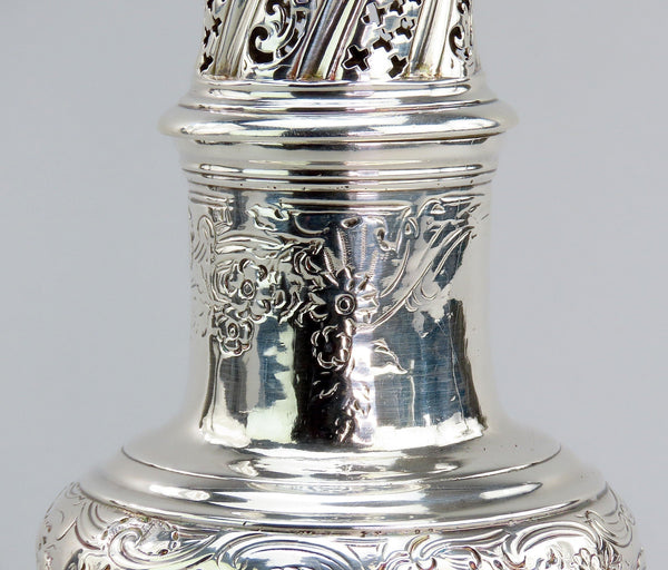 1744 English George II Large Sterling Silver Caster Shaker Hand Chased 7.75"