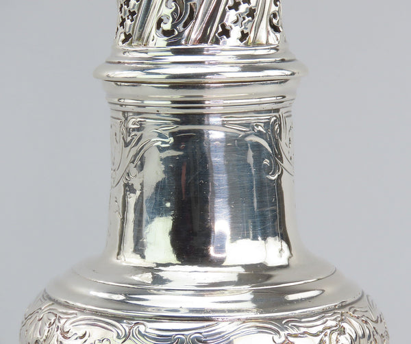 1744 English George II Large Sterling Silver Caster Shaker Hand Chased 7.75"