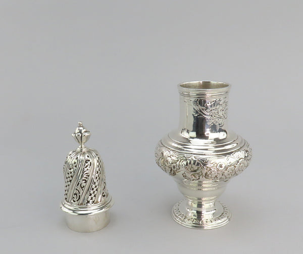 1744 English George II Large Sterling Silver Caster Shaker Hand Chased 7.75"