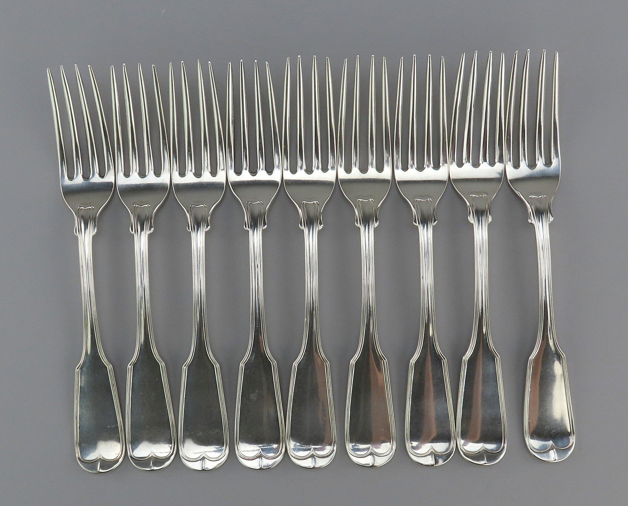 9 Huge 1840s Coin Silver Dinner Fiddle Thread Forks Jones Lows Ball 8 1/4"