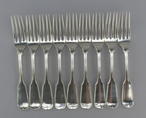 9 Huge 1840s Coin Silver Dinner Fiddle Thread Forks Jones Lows Ball 8 1/4"