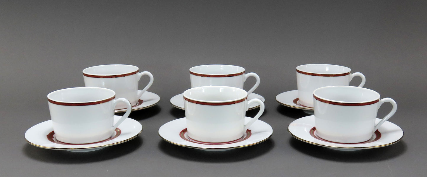 Handsome Set 6 Cup and Saucer Procelain Christofle Rubanea Rouge Pattern