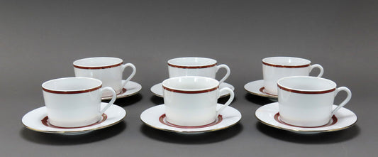 Handsome Set 6 Cup and Saucer Procelain Christofle Rubanea Rouge Pattern
