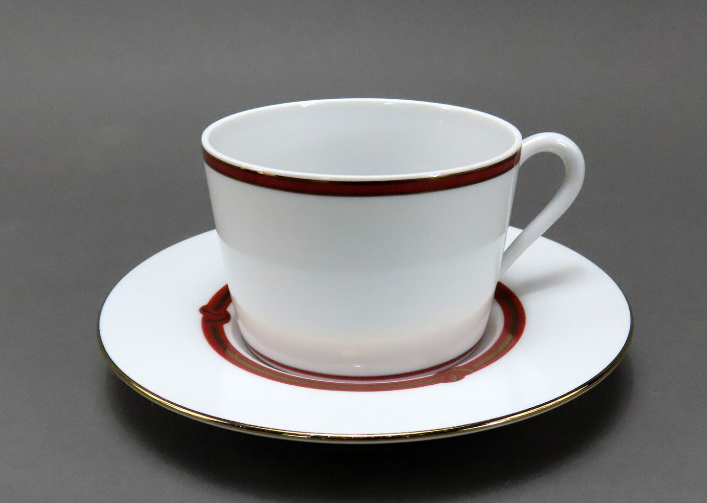 Handsome Set 6 Cup and Saucer Procelain Christofle Rubanea Rouge Pattern