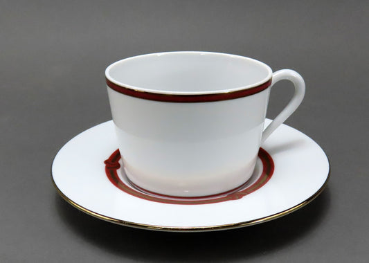 Handsome Set 6 Cup and Saucer Procelain Christofle Rubanea Rouge Pattern