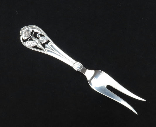 Beautiful 1951 Danish Silver Handwrought Butterfly Flower Handle Serving Fork