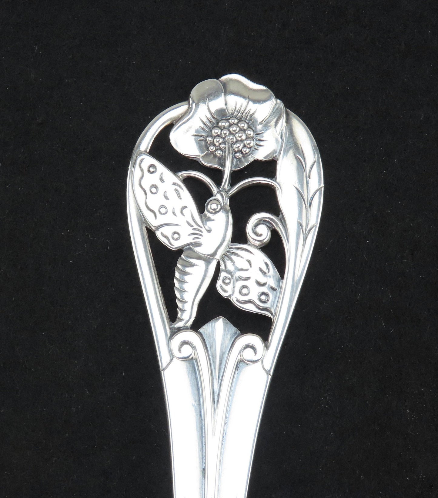 Beautiful 1951 Danish Silver Handwrought Butterfly Flower Handle Serving Fork