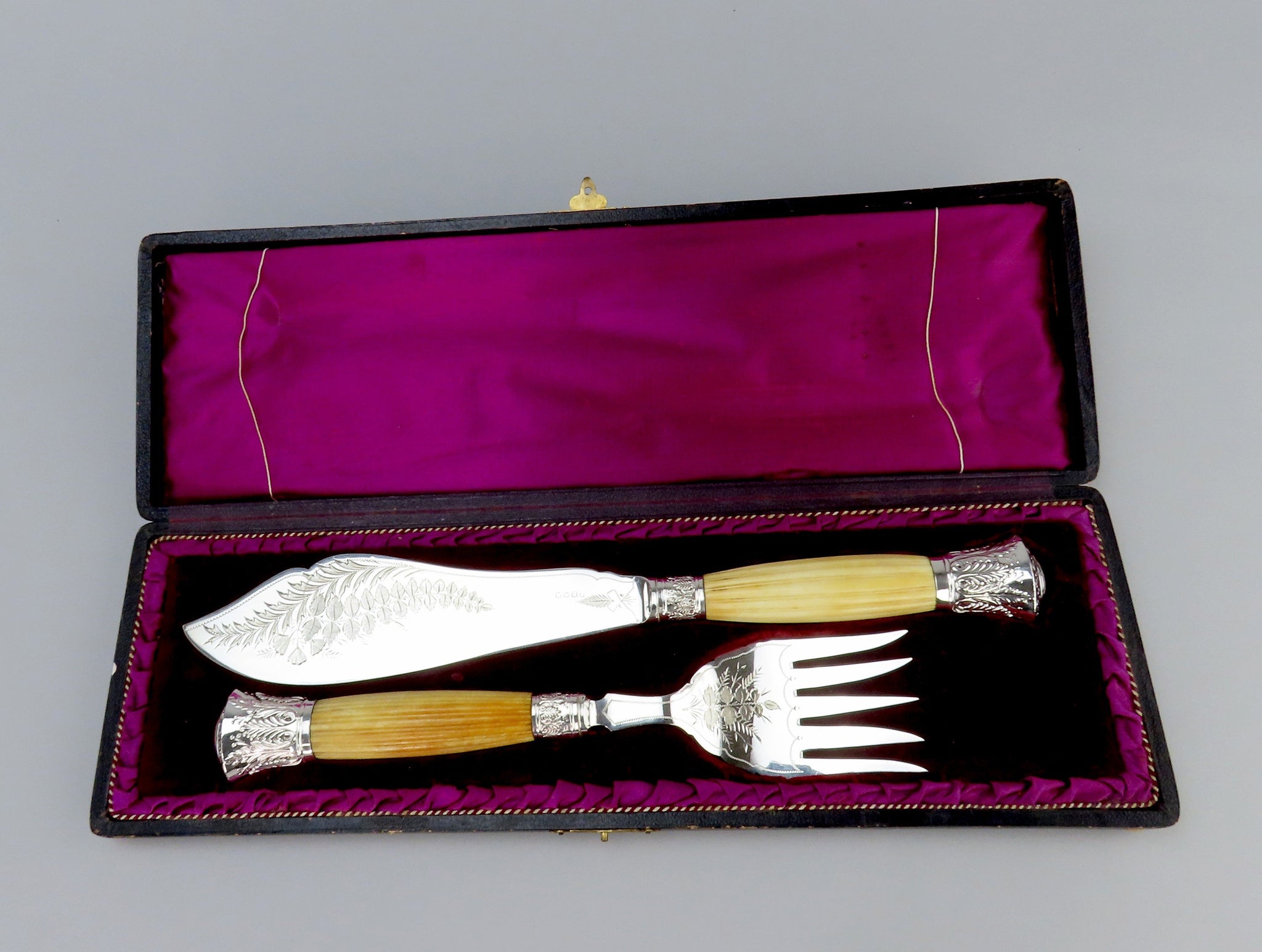 Late 1800s English Silverplate Pair Fish Servers Fork and Knife Leaf Engravings