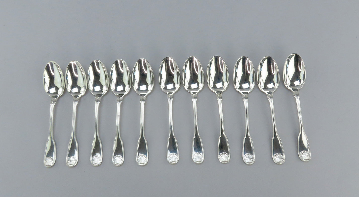 Superb Set Antique French 950 Silver Puiforcat Fiddle Shell Spoons w Great Crest