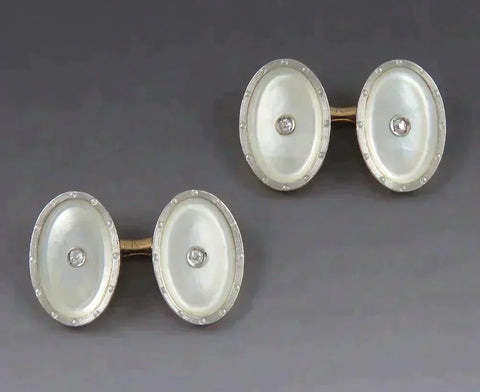 Antique Deco c1915 Krementz 14K Gold Platinum MOP Shell Diamond Mens Cufflinks