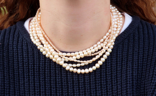 Vintage Elegant 6 Strand Real Pearl Necklace Sterling Silver Closure 17 Inches