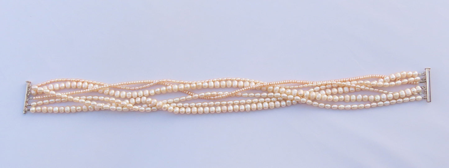 Vintage Elegant 6 Strand Real Pearl Necklace Sterling Silver Closure 17 Inches