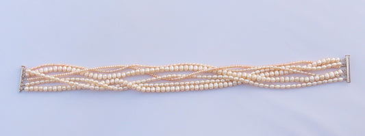 Vintage Elegant 6 Strand Real Pearl Necklace Sterling Silver Closure 17 Inches