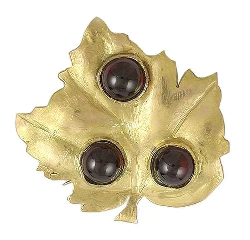 Arts and Crafts Handmade 18K Yellow Gold Garnet Realistic Maple Leaf Pin Brooch