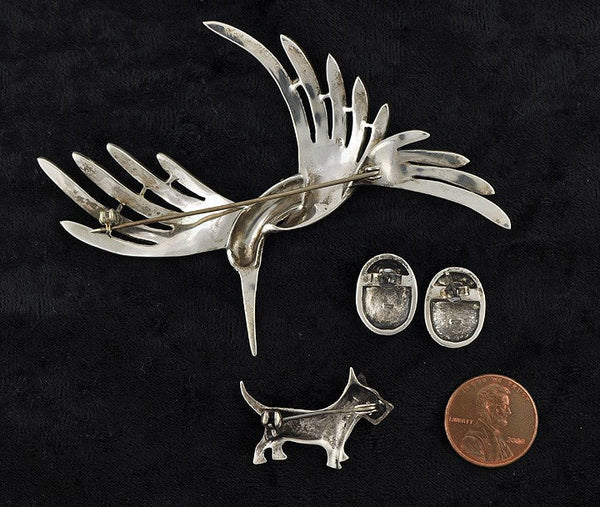 Sterling Marcasite 2 Brooch Pin Earrings Hummingbird Terrier