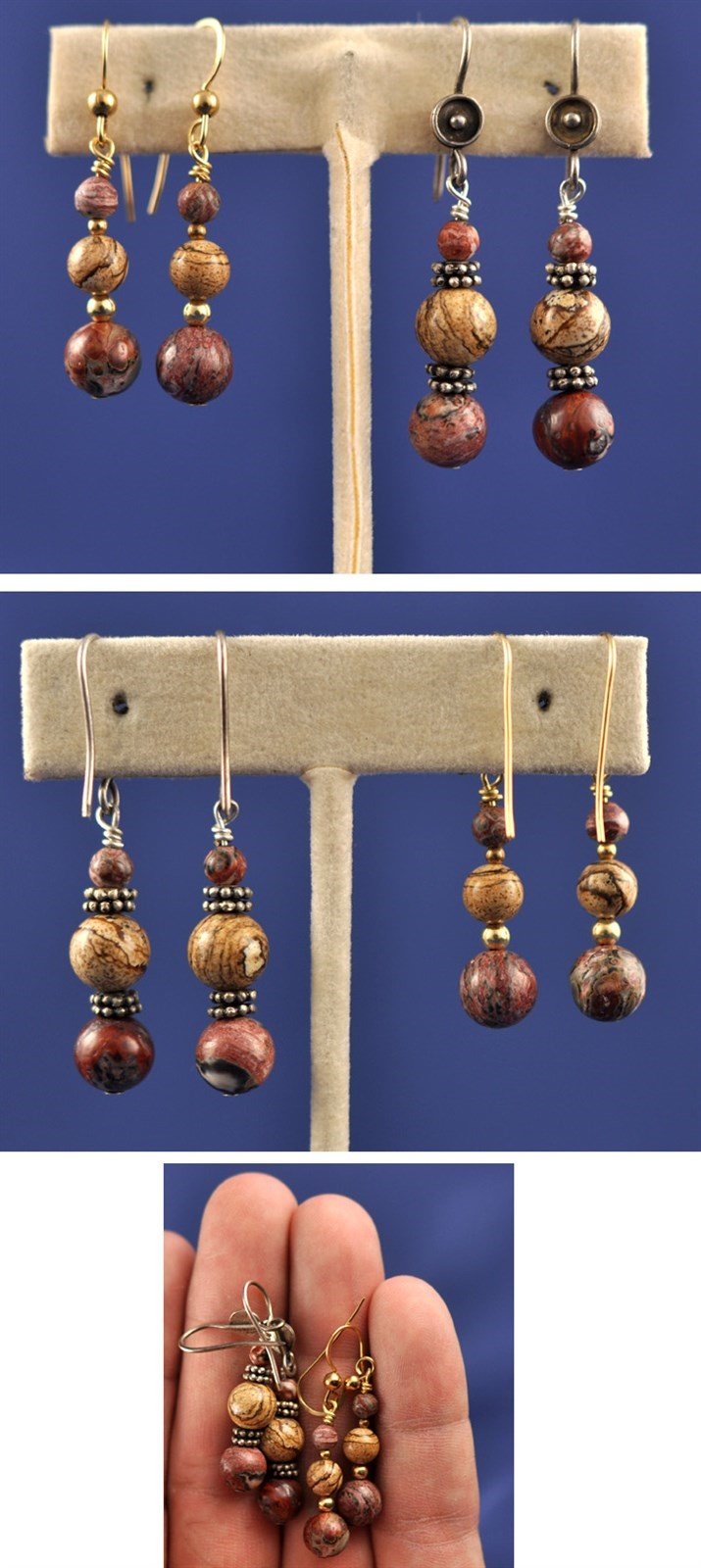 Earth-Tone Agate Bead Necklace, 2 Pairs Dangle Earrings