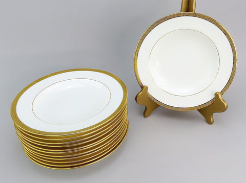 Fab Set 12 Mintons c1912 Gold Gilt Wide Rim Soup Plates Bowls 9.25"