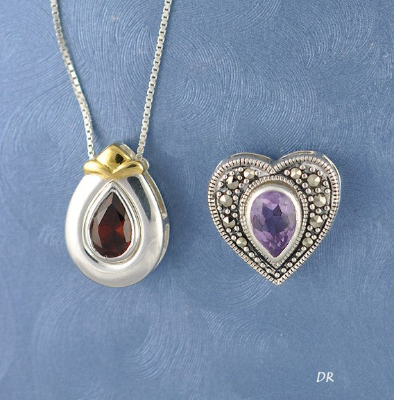 Sterling Amethyst Garnet Teardrop Heart-Shaped Pendants