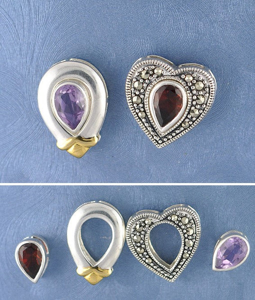 Sterling Amethyst Garnet Teardrop Heart-Shaped Pendants