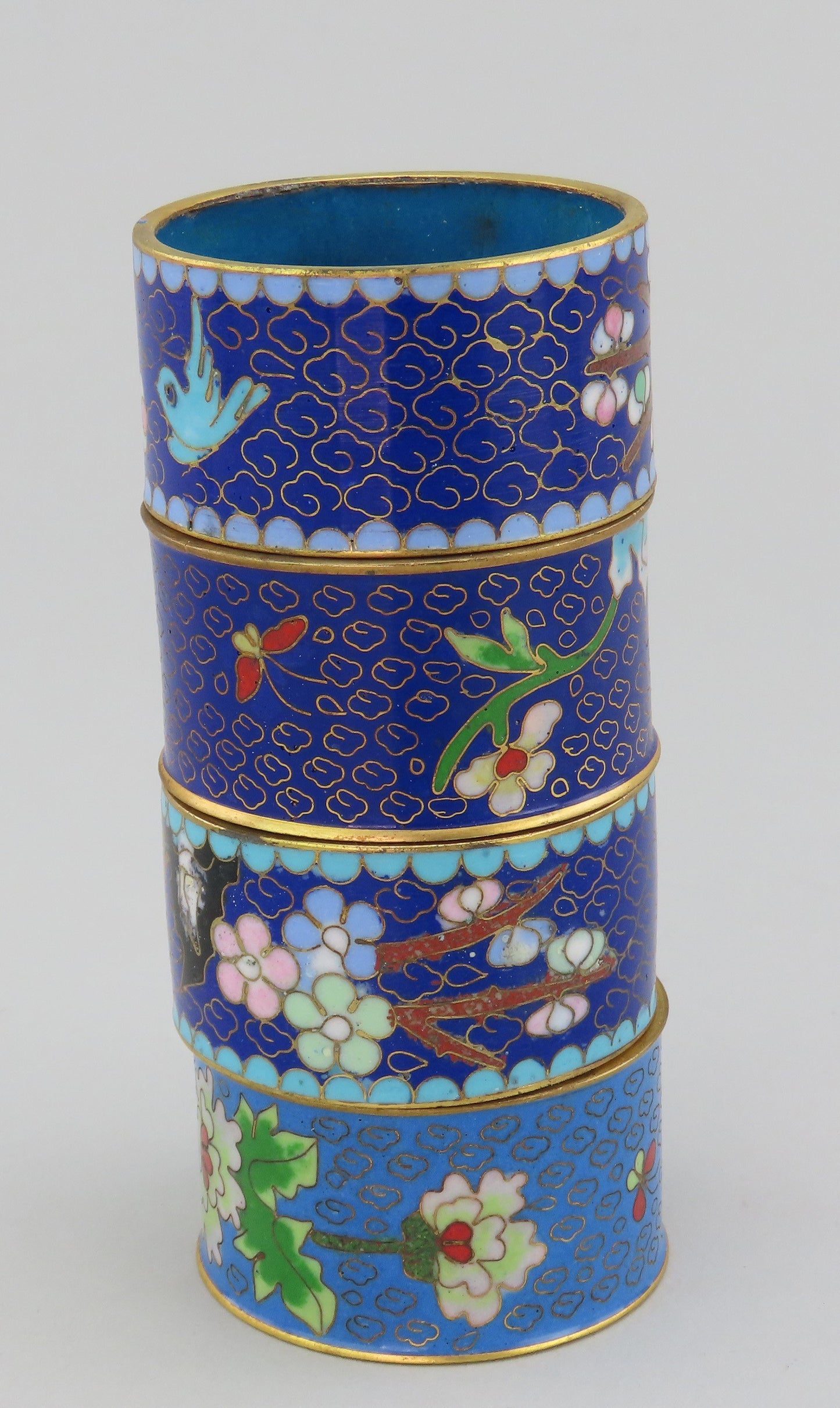 Great Set 10 VTG Chinese Cloisonne Gilt Flowers Birds Napkin Rings
