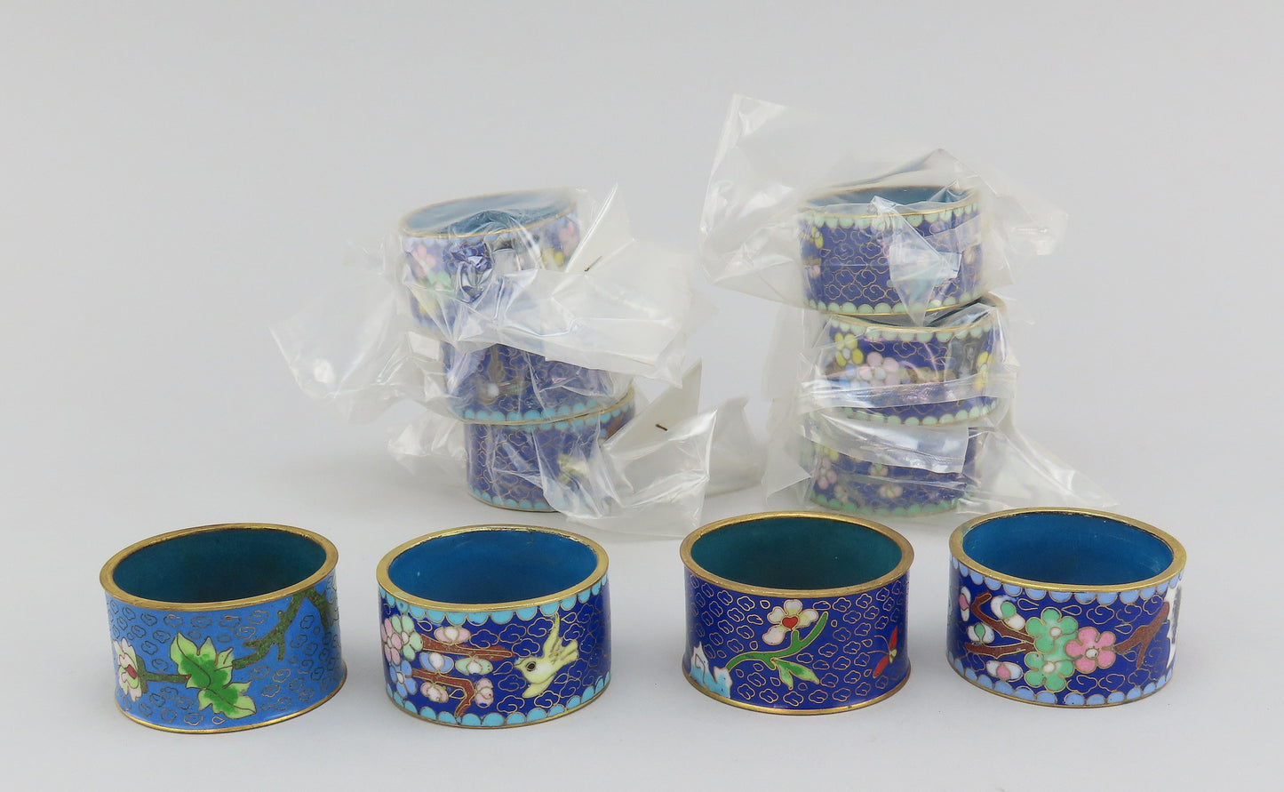 Great Set 10 VTG Chinese Cloisonne Gilt Flowers Birds Napkin Rings