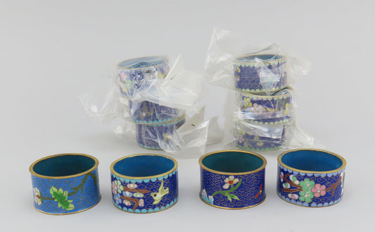 Great Set 10 VTG Chinese Cloisonne Gilt Flowers Birds Napkin Rings