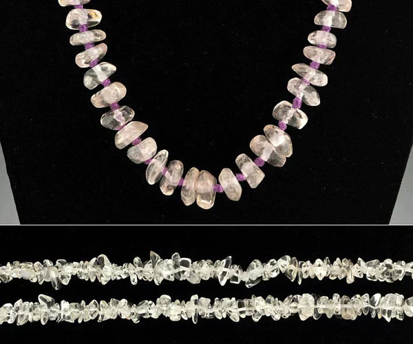 2 Long Clear Rock Crystal Beaded Necklaces Purple