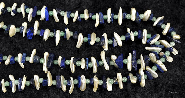 Genuine Pearl Lapis Aventurine Stone Necklace 36.5"