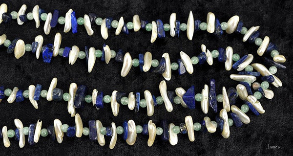 Genuine Pearl Lapis Aventurine Stone Necklace 36.5"