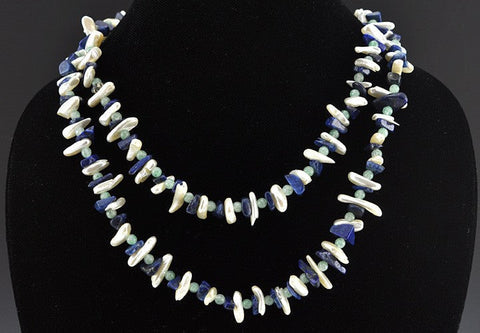 Genuine Pearl Lapis Aventurine Stone Necklace 36.5"