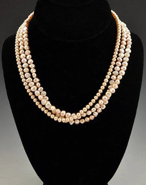 3-Strand Pink Genuine Baroque Pearl Necklace 14K Clasp