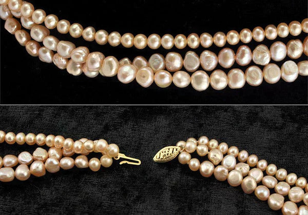 3-Strand Pink Genuine Baroque Pearl Necklace 14K Clasp