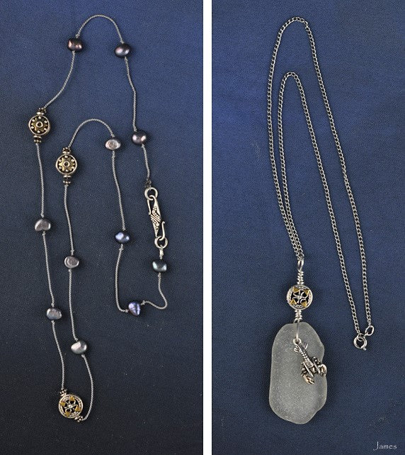 2 Sterling Silver Necklaces Lobster Sea Glass Rope Gray Pearl