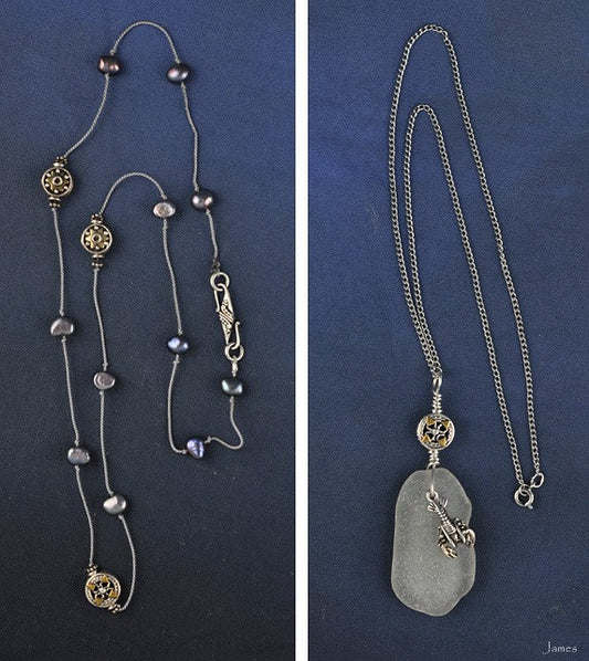 2 Sterling Silver Necklaces Lobster Sea Glass Rope Gray Pearl