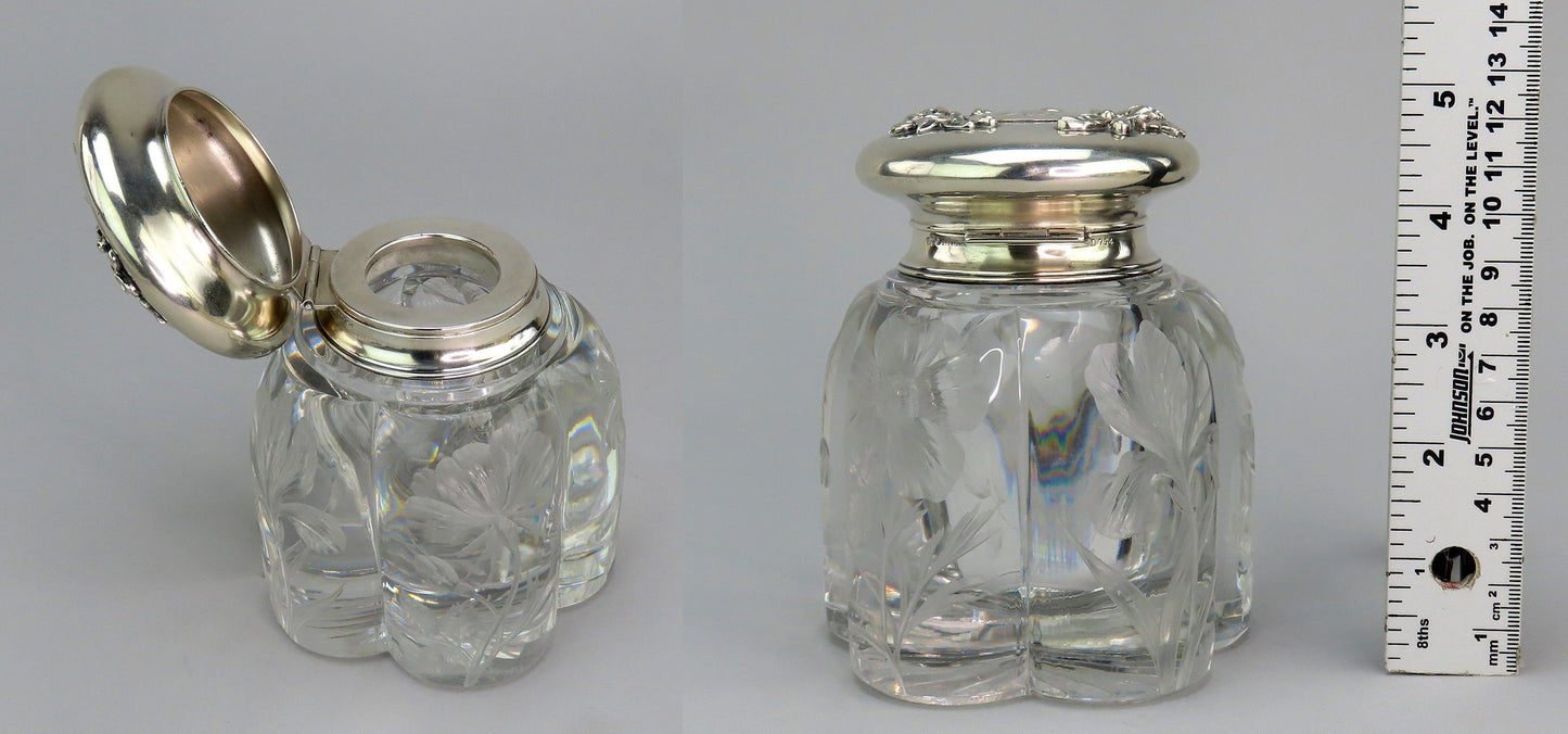 Superb c1890s Gorham Sterling Silver ABP Intaglio Flowers Cut Glass Inkwell