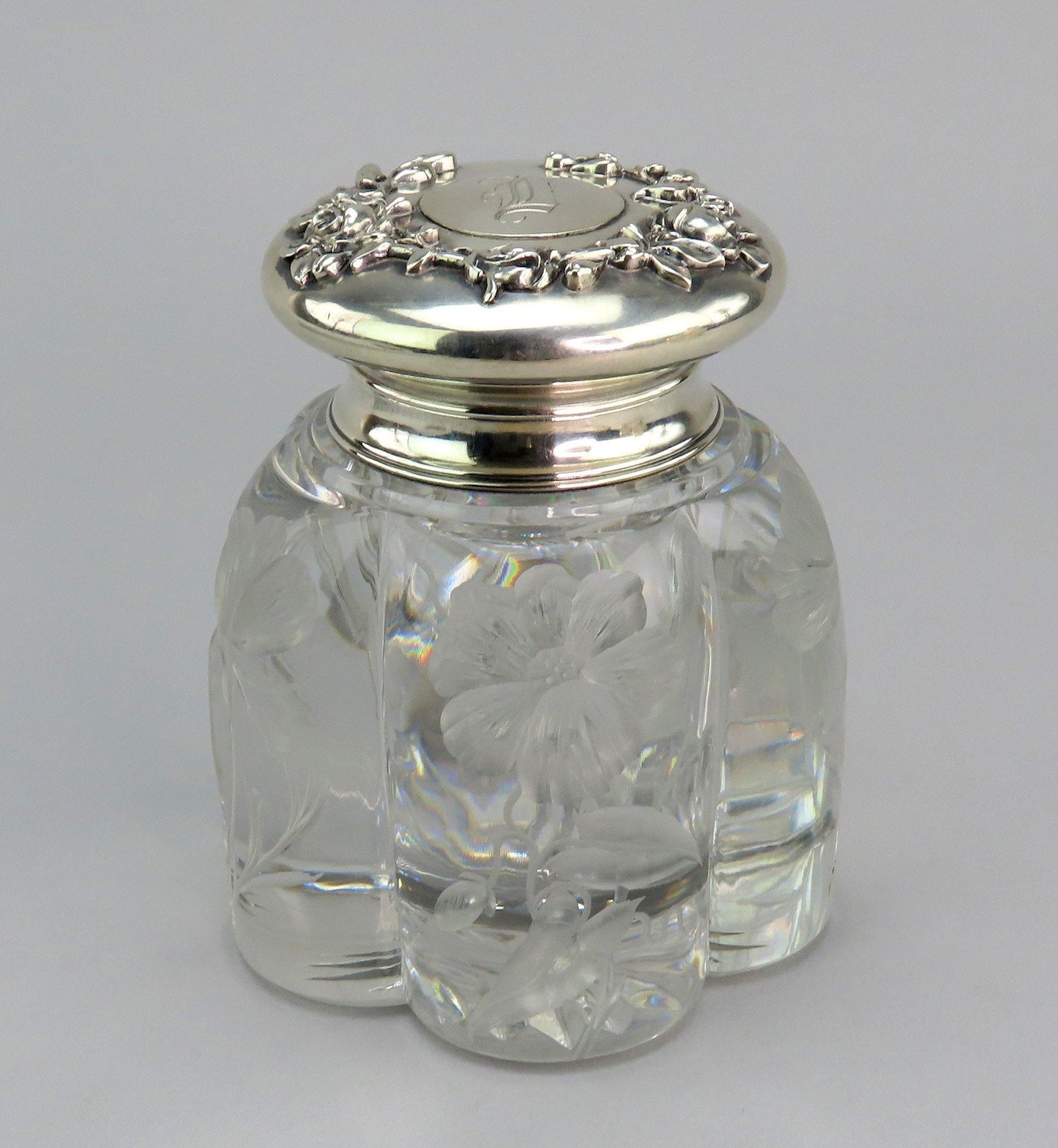 Superb c1890s Gorham Sterling Silver ABP Intaglio Flowers Cut Glass Inkwell