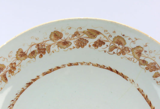 Exceptional Set 6 c1790 Chinese Export Porcelain Brown Grape Vine 9.5" Plates