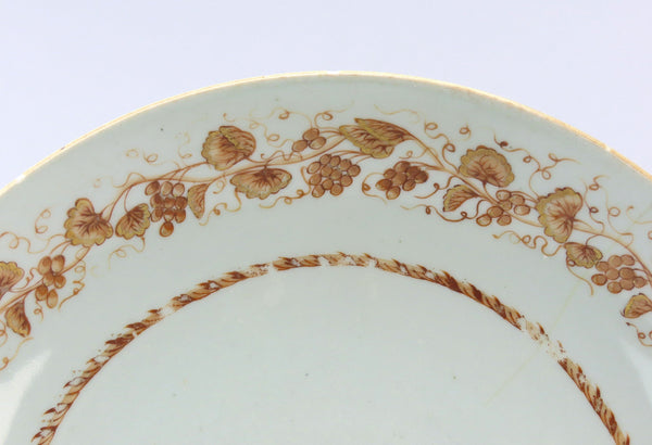 Exceptional Set 6 c1790 Chinese Export Porcelain Brown Grape Vine 9.5" Plates