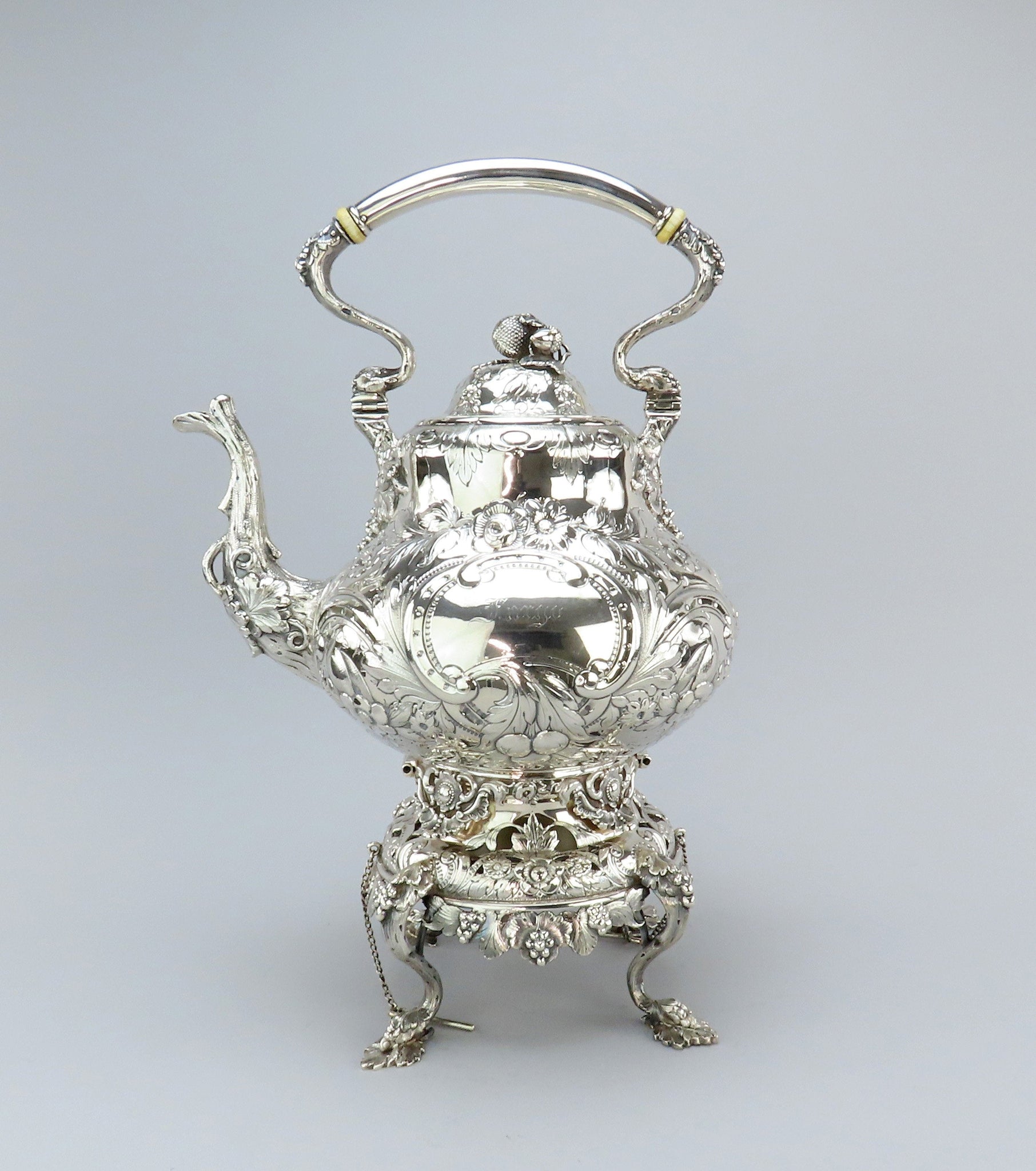 c1850s Gorgeous American Coin Silver Kettle On Stand Fargo Family Monogram 15"