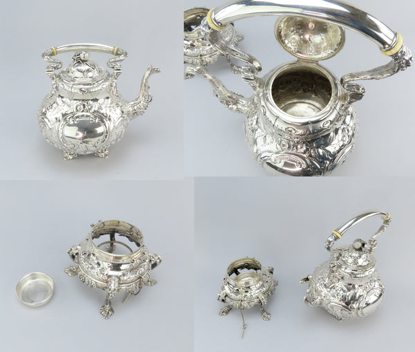 c1850s Gorgeous American Coin Silver Kettle On Stand Fargo Family Monogram 15"