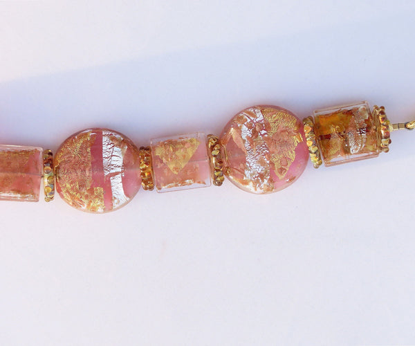 Artisan Jay Bridgland Glass Bead Couture Pink Gold Necklace 18 Inches