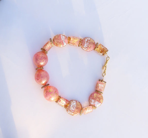 Artisan Jay Bridgland Glass Bead Couture Pink Gold Necklace 18 Inches