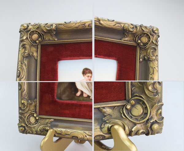 Late 1800s German Painting on Porcelain Woman w/ Cherub Fancy Frame