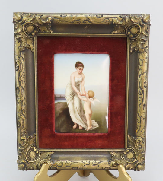 Late 1800s German Painting on Porcelain Woman w/ Cherub Fancy Frame