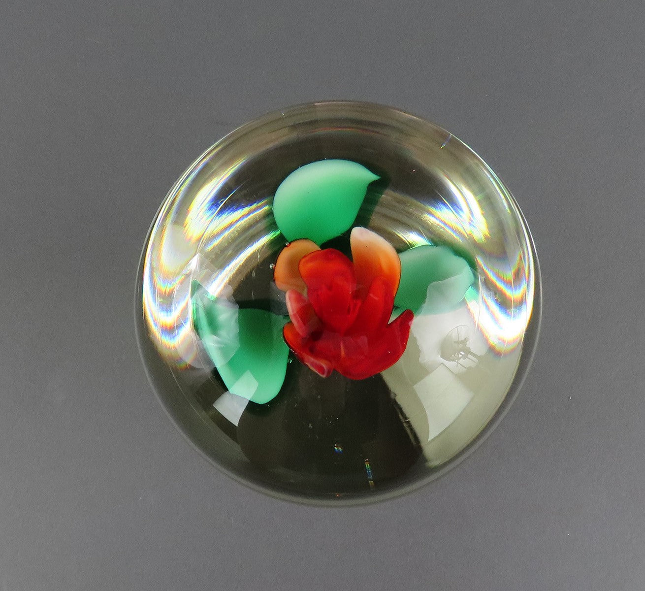 Sweet Hand-Blown Pedestal Paperweight Red and White Flowers